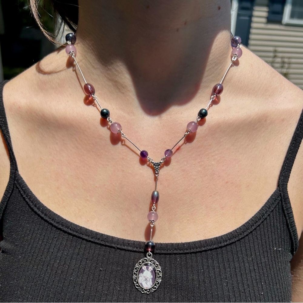 Handmade Purple and Silver Bunny Cabochon Necklace